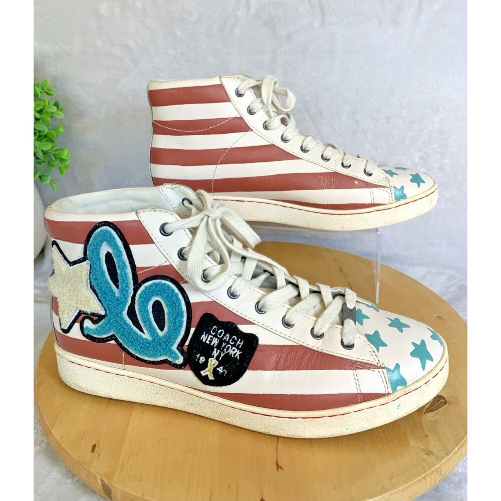 Coach New York High Top Sneakers Womens 11B Americana Flag Star Patch Leather